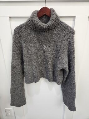 aerie Gray Plush Cropped Turtleneck Sweater